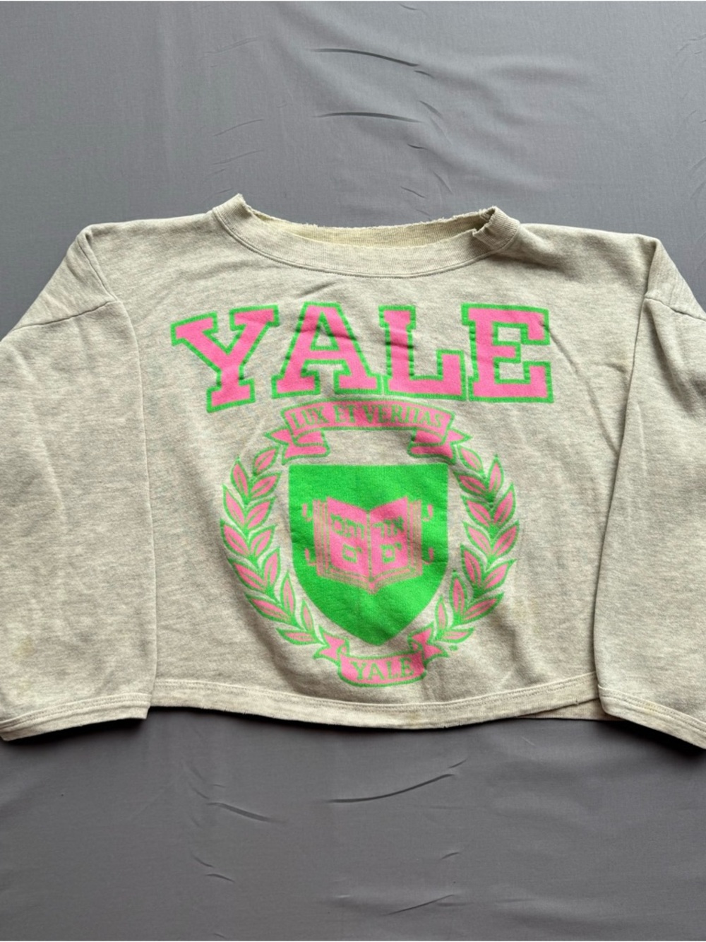 VTG Yale Bulldogs Gray Green‎ Pink Sweatshirt Crop Top One Size NCAA Fan Apparel